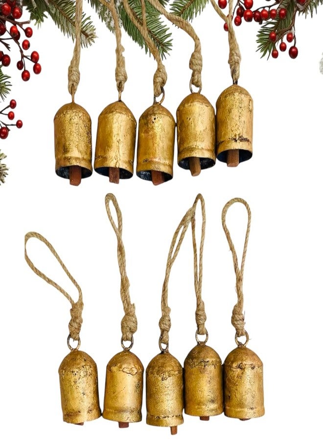 Mie Creations Set of 10 Rustic Vintage Cow Bells, Handmade Christmas Bells on Jute Rope, Decorative Christmas Tree Ornaments, 2.5in Jingle Bells for Crafts, Metal Hanging Wreath Cowbells- Antique Gold - Image 1